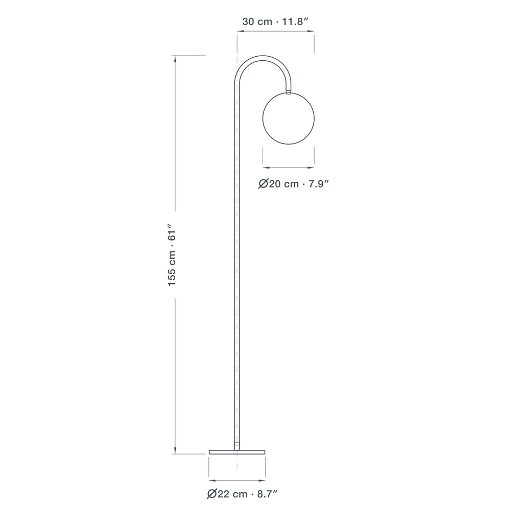 Technical dimension drawing of the orb floor lamp with acrylic globe shade, 155 cm tall, reaching 30 cm from the pole, on a 22 cm diameter base