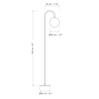 Technical dimension drawing of the orb floor lamp with acrylic globe shade, 155 cm tall, reaching 30 cm from the pole, on a 22 cm diameter base