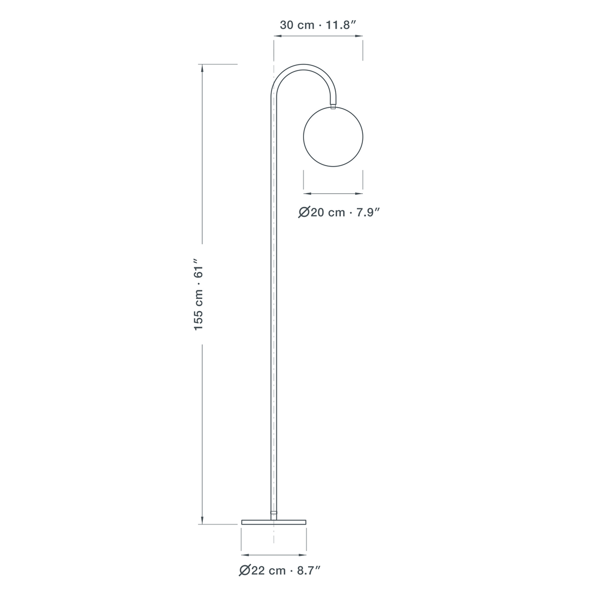 Technical dimension drawing of the orb floor lamp with acrylic globe shade, 155 cm tall, reaching 30 cm from the pole, on a 22 cm diameter base