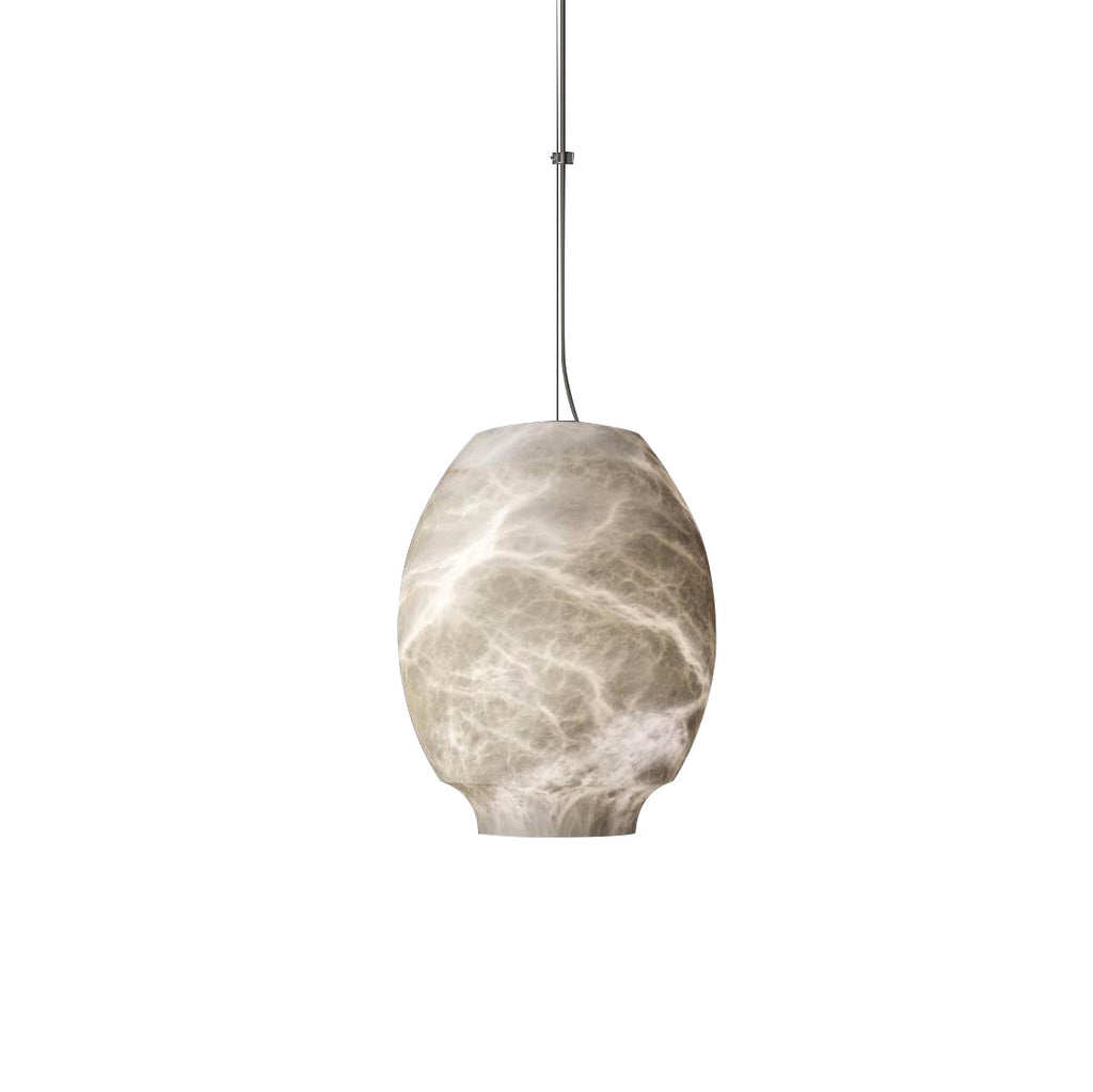 Clérachic alabaster pendant on white, a tall oval stone shade hung from a slim steel cable.