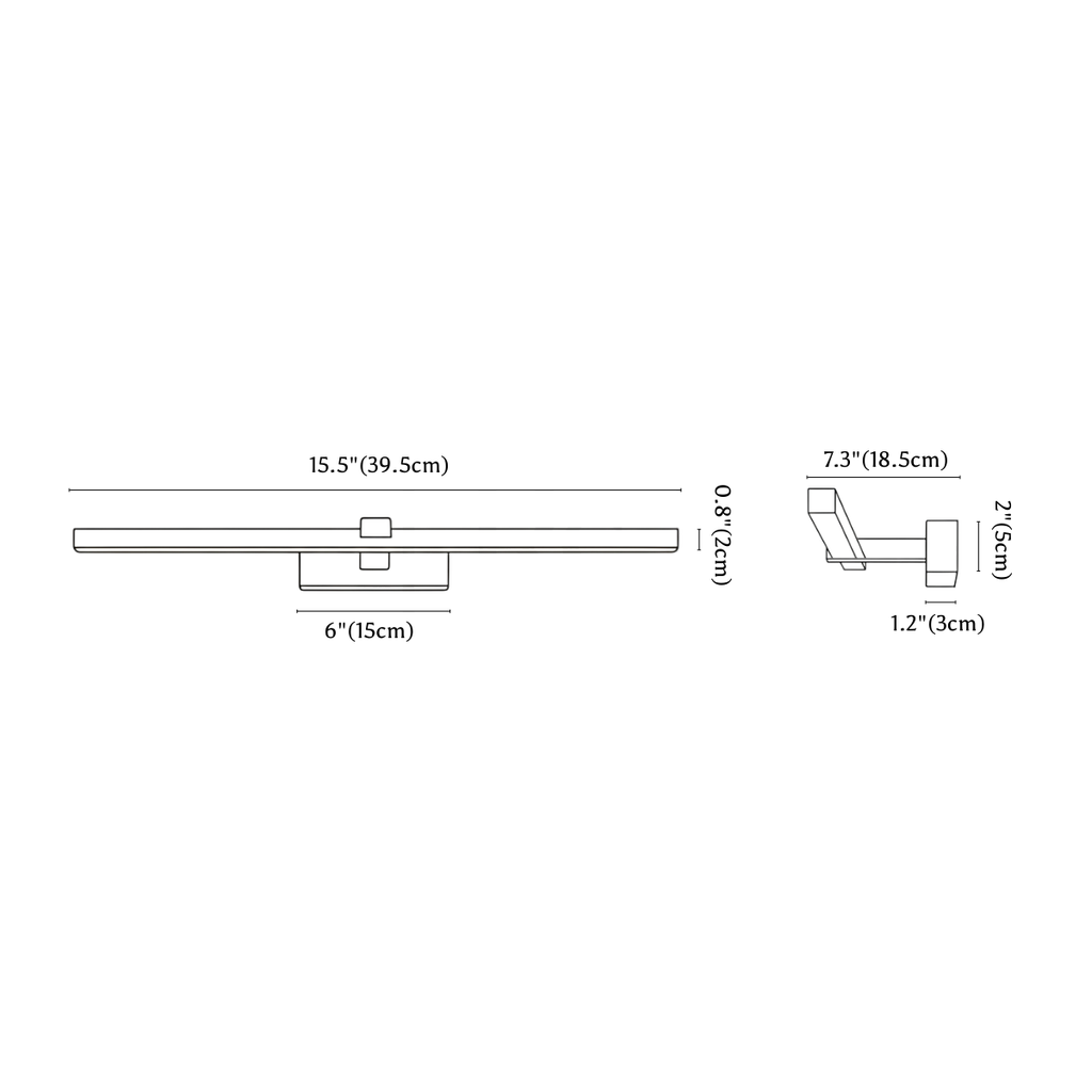 Clérachic wall light dimension drawing, 39.5 cm, every measurement marked in centimetres and inches.