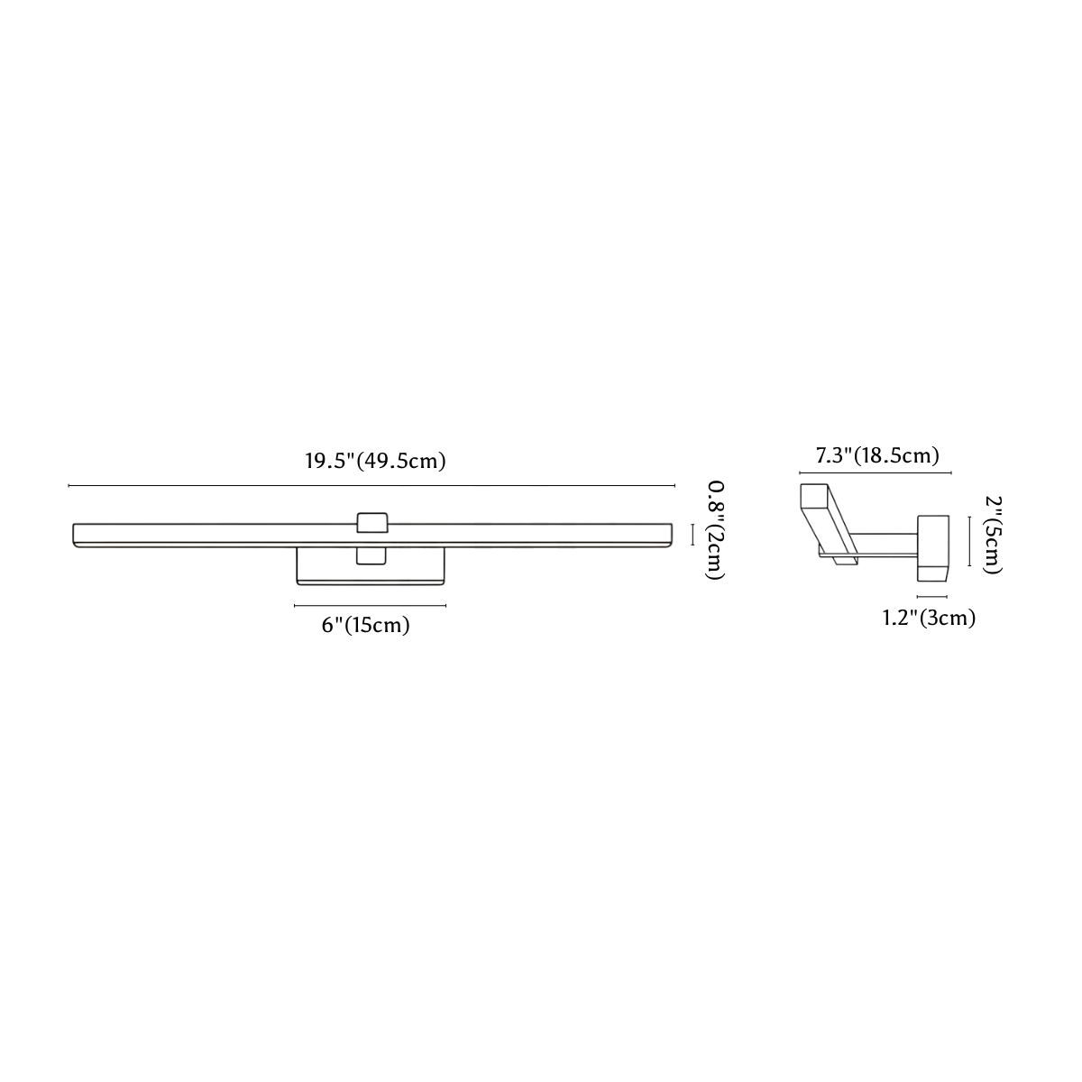 Clérachic wall light dimension drawing, 49.5 cm, every measurement marked in centimetres and inches.