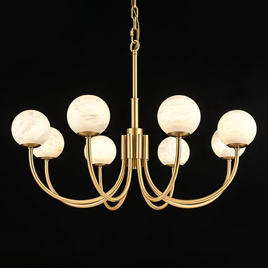 Clérachic alabaster globe chandelier on black, eight brass arms curving out beneath a slim chain.