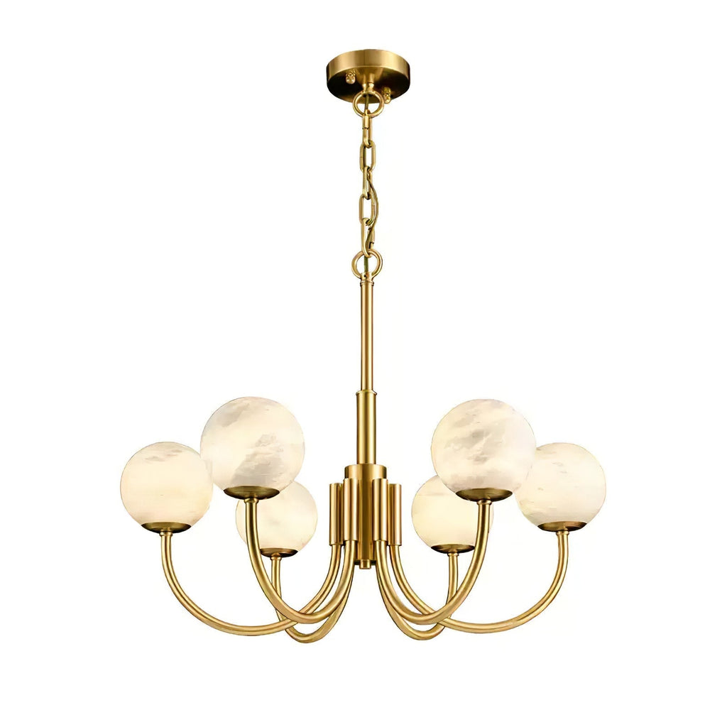 The Clérachic globe chandelier on white, full drop from ceiling canopy through chain to brass arms.