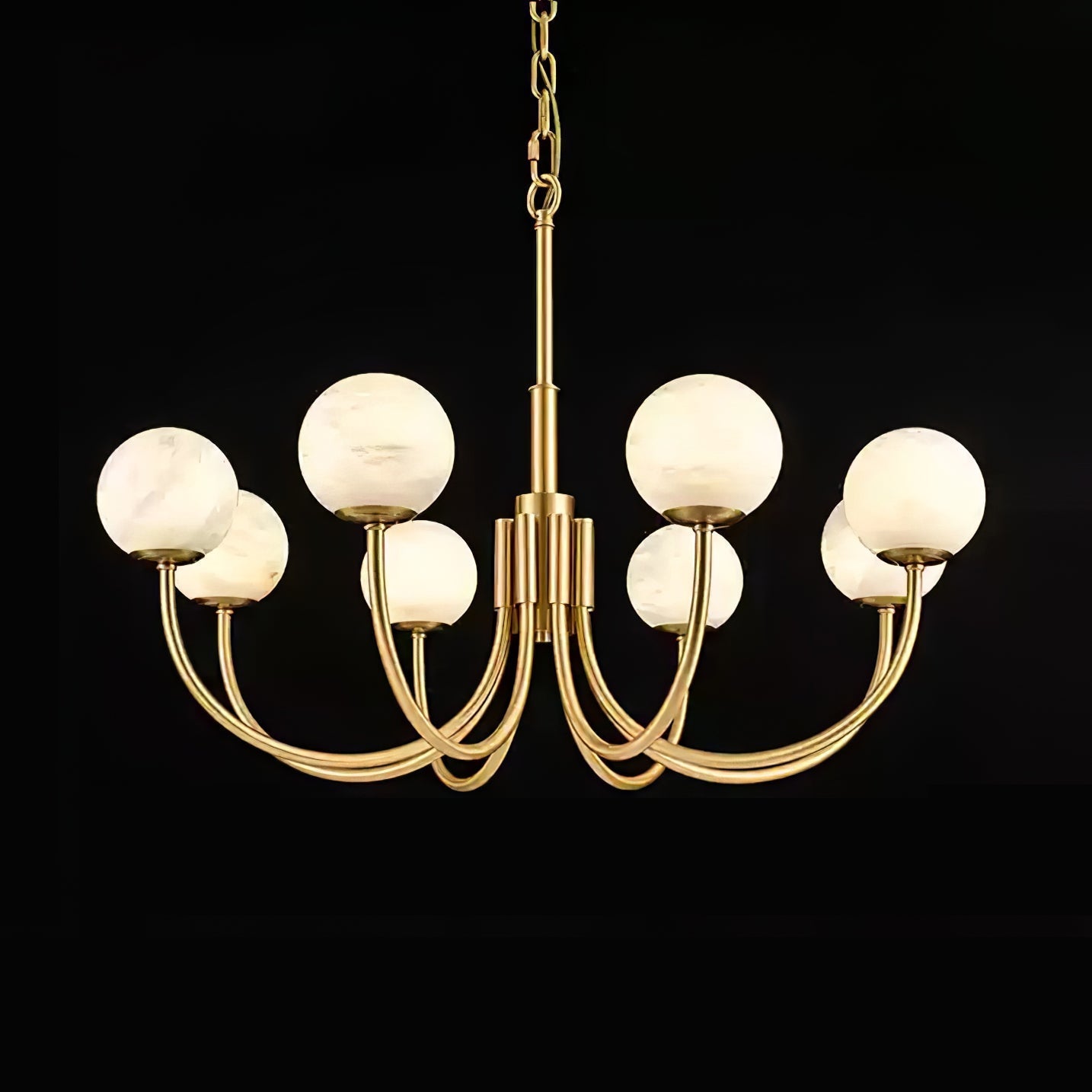 Clérachic alabaster globe chandelier photographed square on black, arms evenly spaced around the stem.