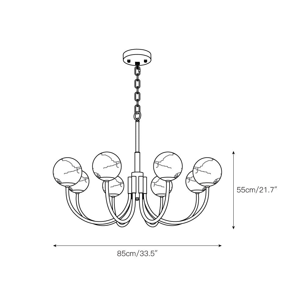 Dimension drawing for the Clérachic globe chandelier, 85cm/33.5in wide and 55cm/21.7in high.
