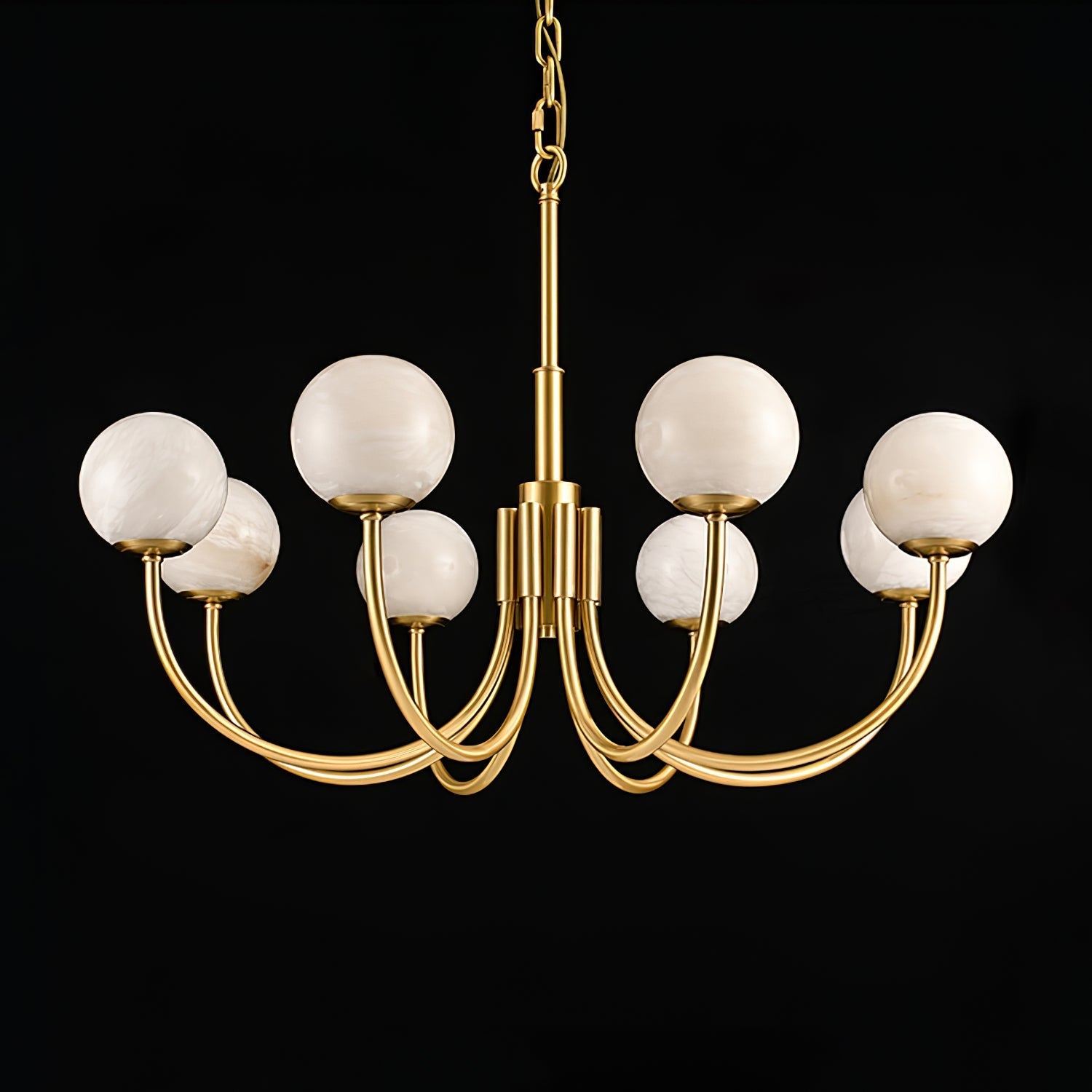 Clérachic globe chandelier in its widest build on black, arms reaching out from the central stem.