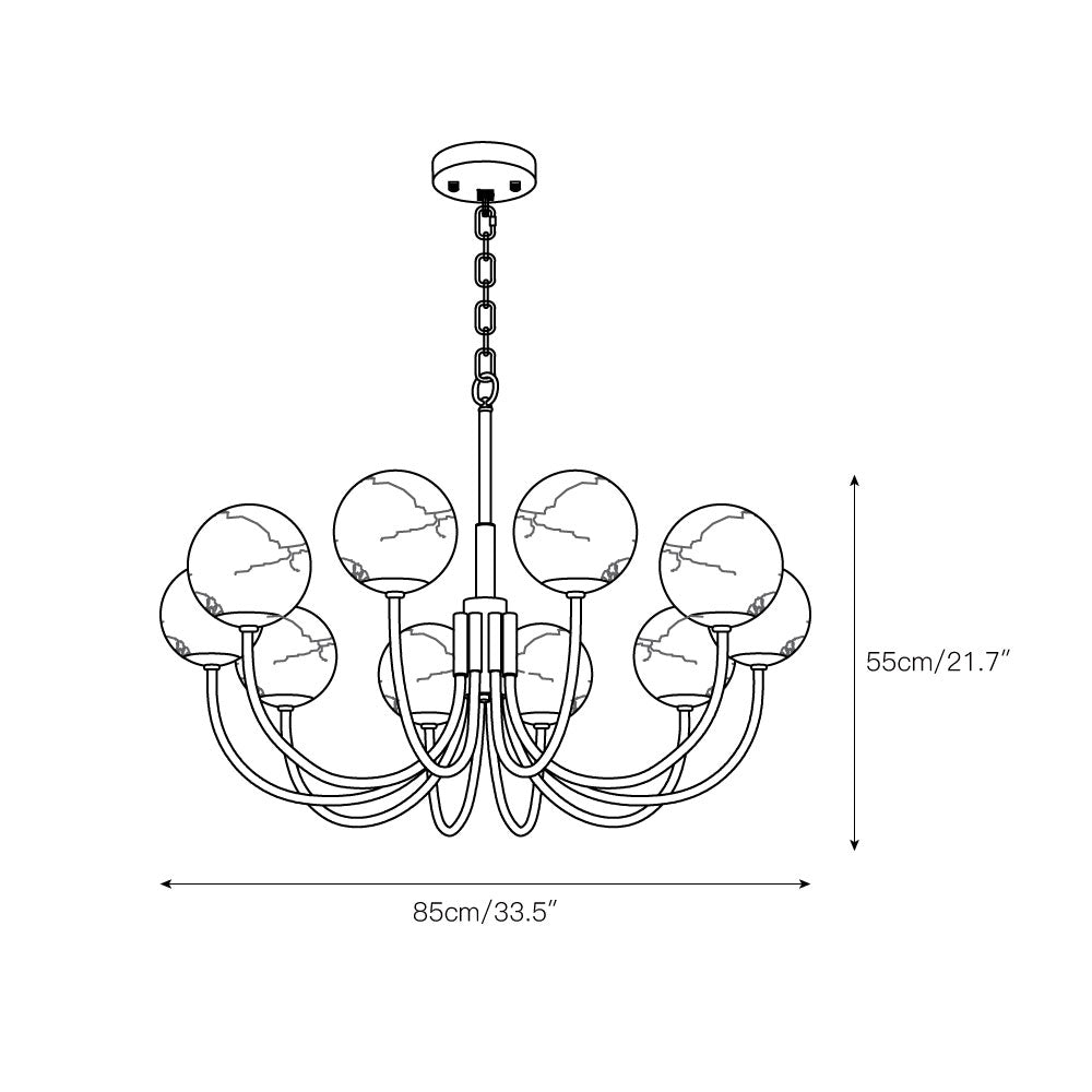 Measured drawing of the Clérachic globe chandelier: 85cm/33.5in span, 55cm/21.7in overall height.