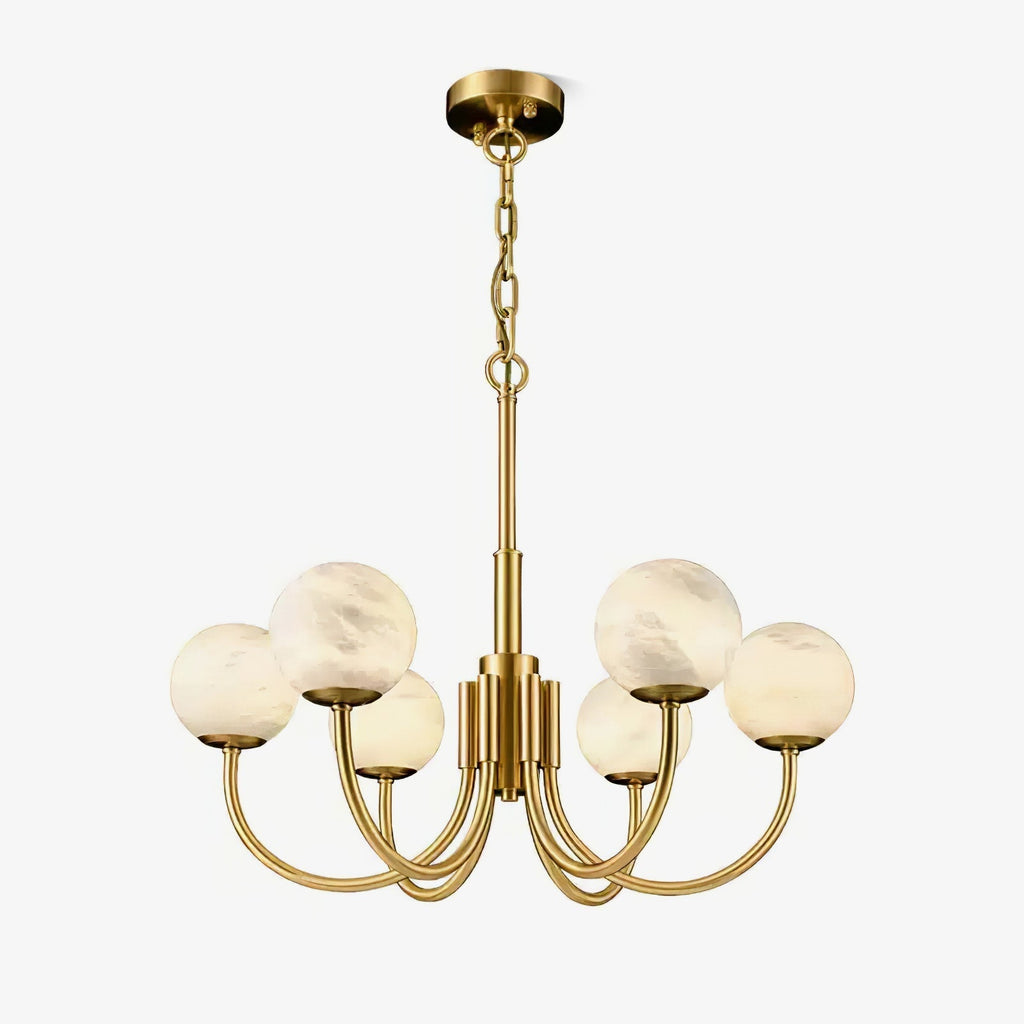The Clérachic globe chandelier on white, suspended from its chain with the canopy in frame.