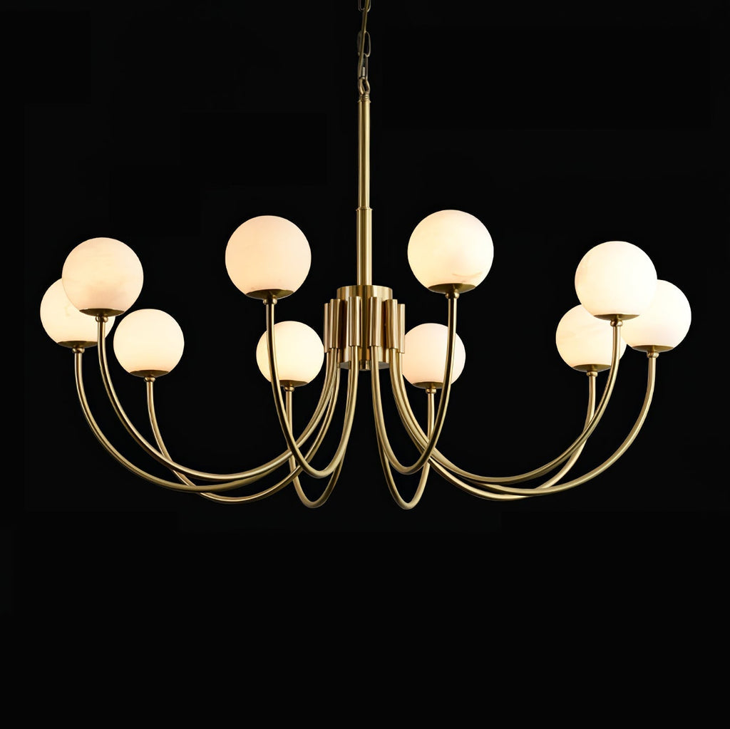 Clérachic globe chandelier in the ten-light build on black, arms fanning wide from the stem.