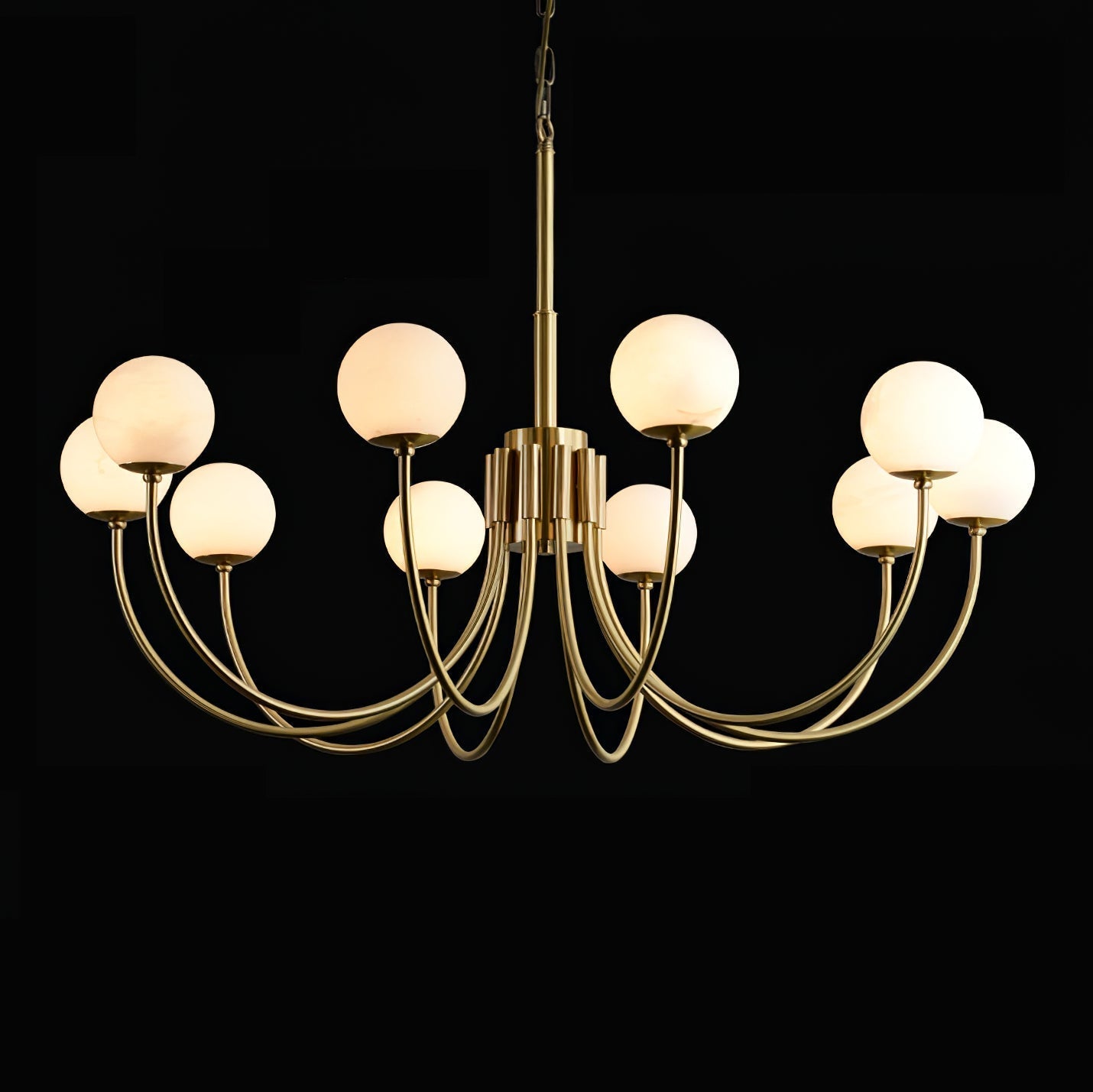 Clérachic globe chandelier in the ten-light build on black, arms fanning wide from the stem.