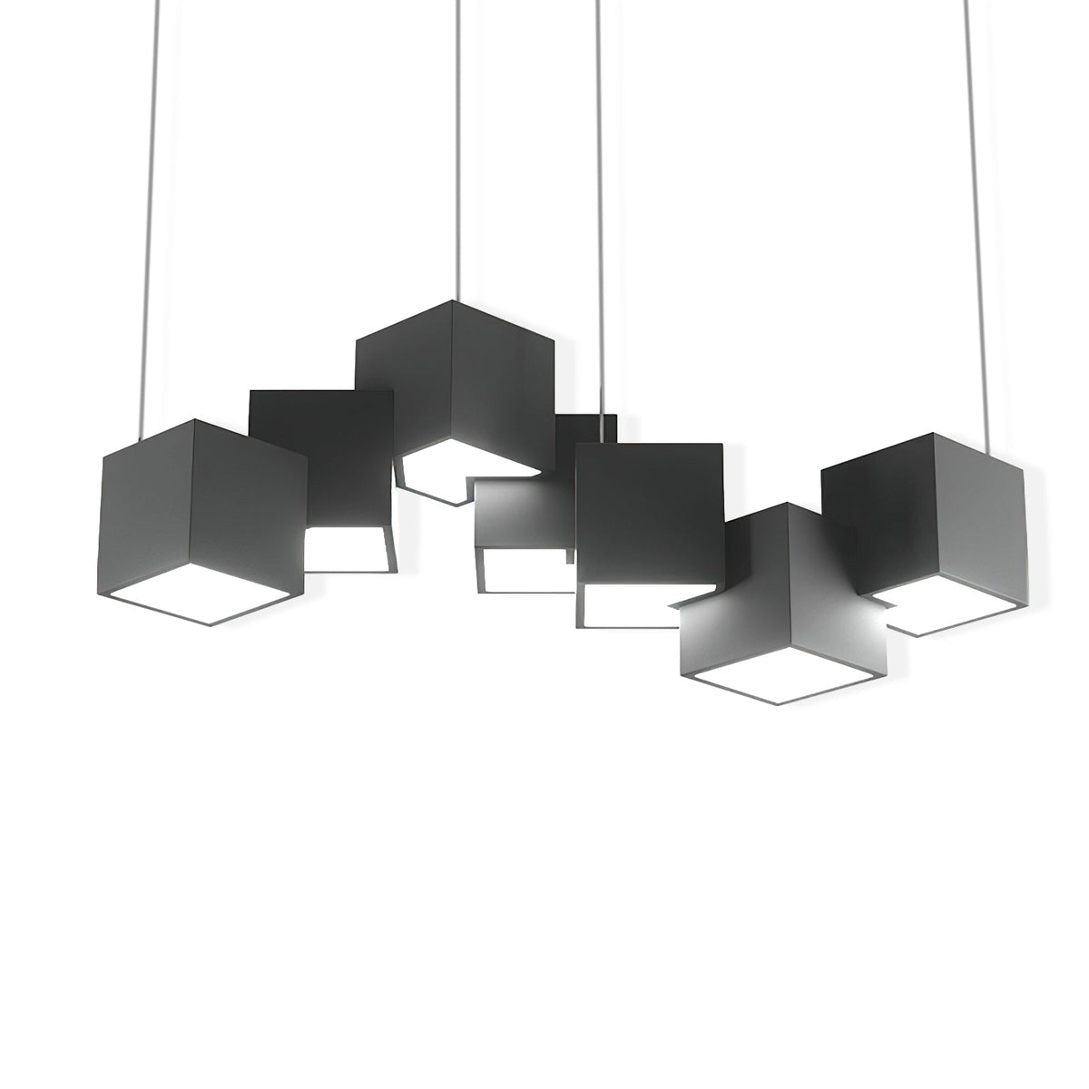 A Clérachic black cube chandelier on a plain white backdrop, the cubes at varied tilts with a lit opening on each underside.