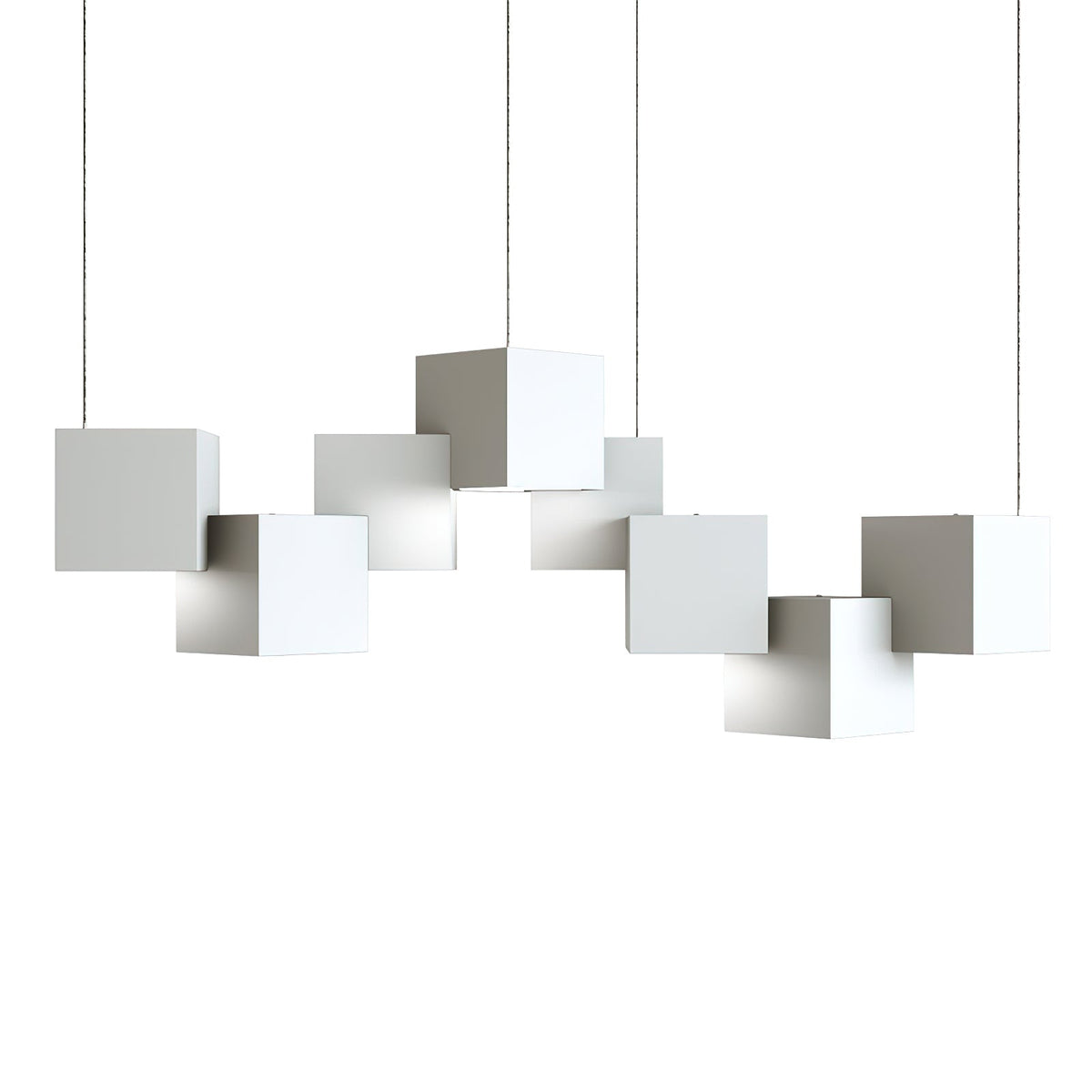 A white Clérachic cube chandelier on a plain white backdrop, with the cubes hung at offset heights on thin wires.