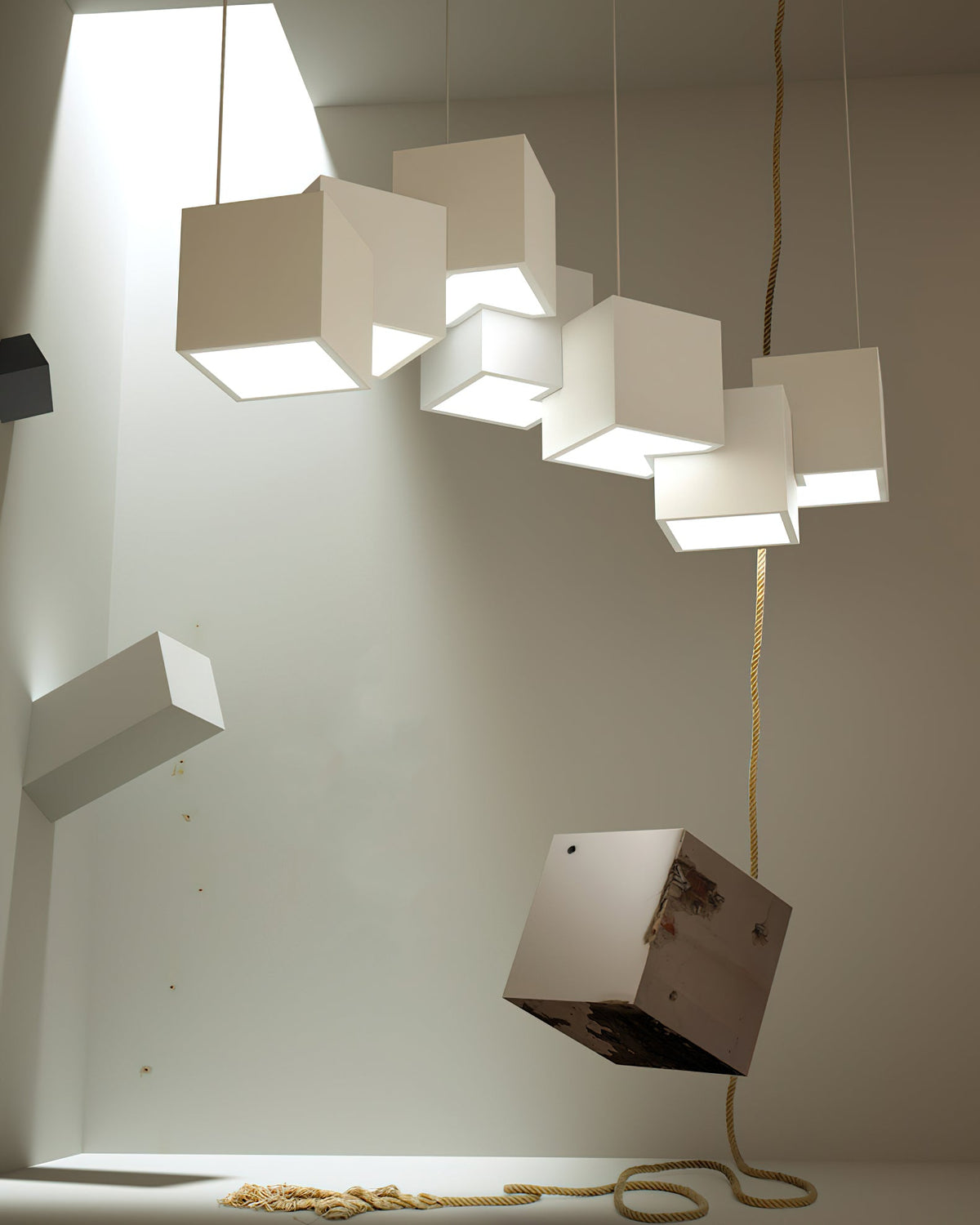 White Clérachic cubes hung from a high ceiling in a bright room, with a heavy cube and a rope hanging below.