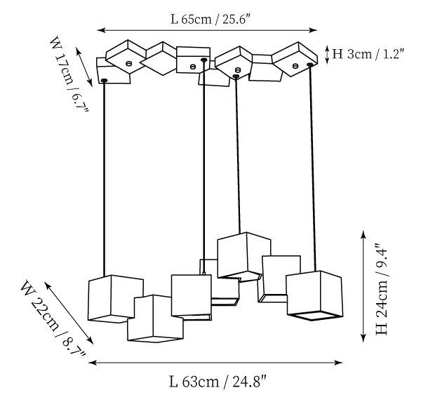 Clérachic chandelier dimension drawing, 1 of 2, every measurement marked in centimetres and inches.