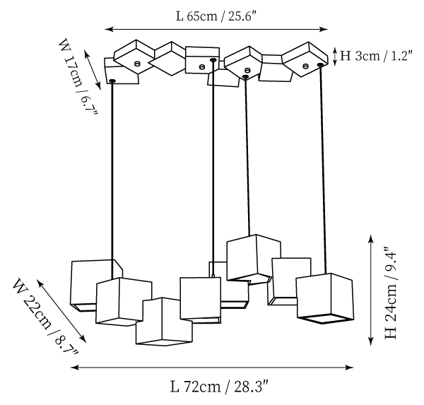 Clérachic chandelier dimension drawing, 2 of 2, every measurement marked in centimetres and inches.