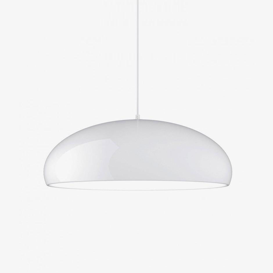 Glossy white dome pendant from Clérachic on a plain white backdrop, hanging from a thin cable with a pale underside.