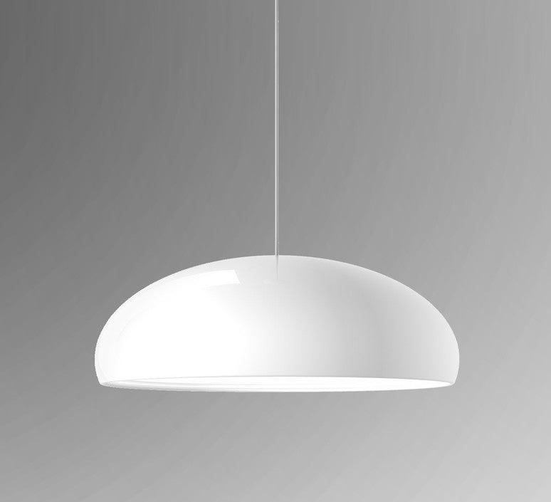 White Clérachic dome pendant on a soft grey gradient, hanging from a slim cable with a smooth, glossy shell.