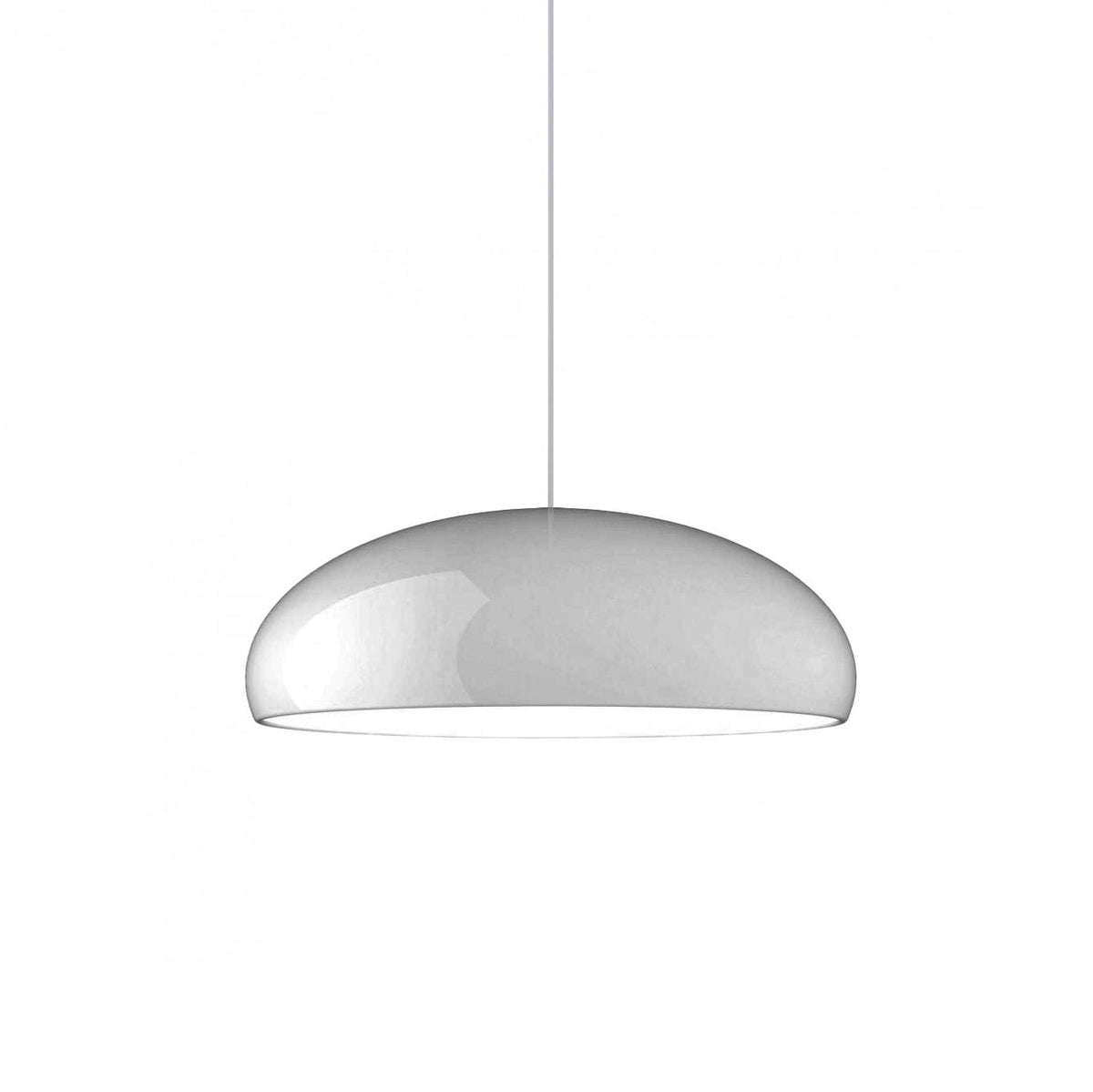 Glossy white Clérachic dome pendant on white, shot from slightly below with a pearly sheen on the shell.