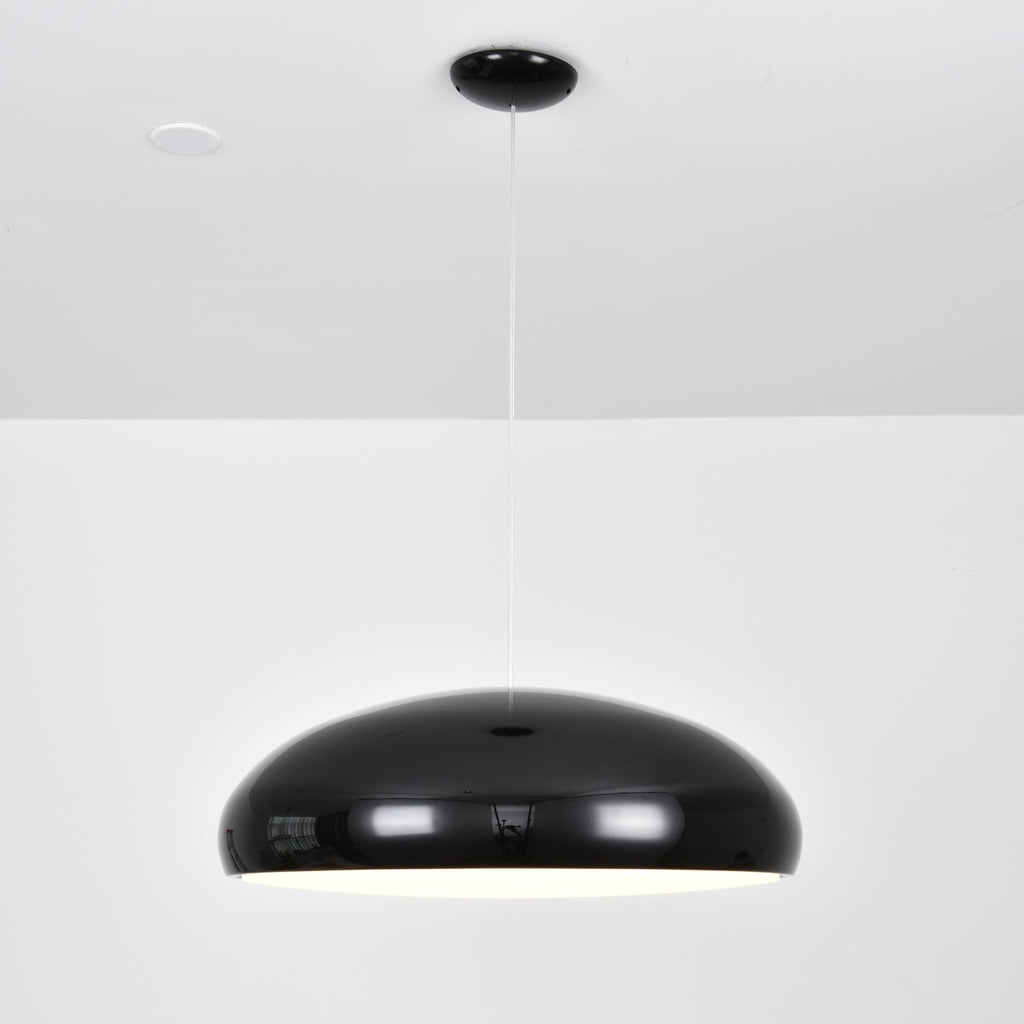A black Clérachic dome pendant seen straight on, its shell glossy and its underside barely lit.