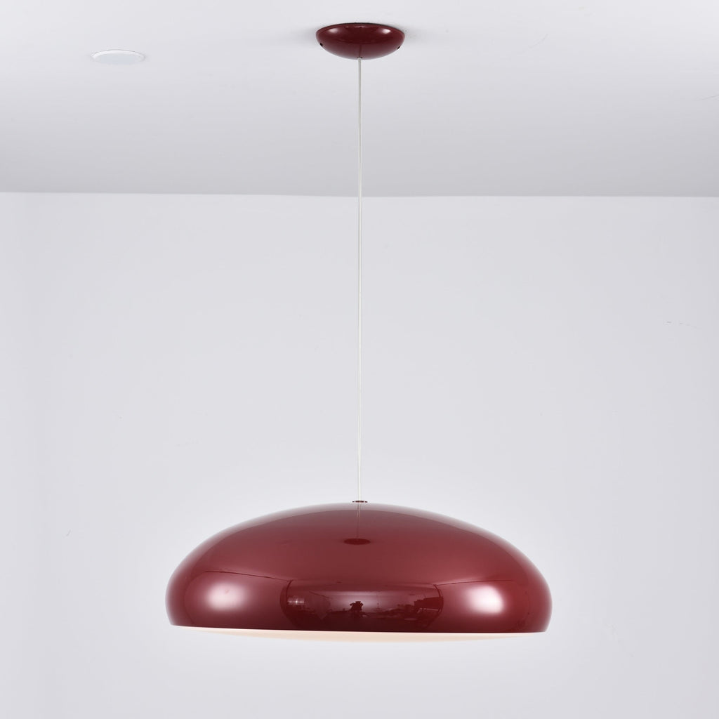 Dark-red Clérachic dome pendant seen straight on, hung from a small dark-red ceiling canopy by a thin white cable.