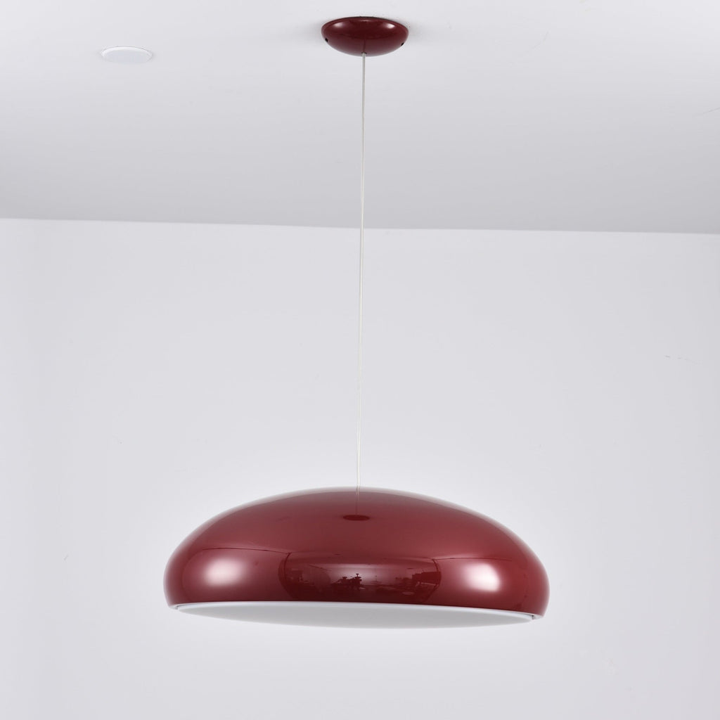 Dark-red Clérachic dome pendant seen from slightly below, its pale inner shade just visible under the shell.