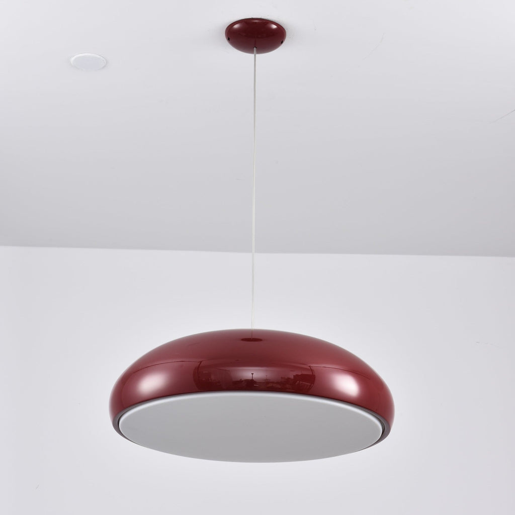 Dark-red Clérachic dome pendant viewed from beneath, with an unlit grey diffuser disc closing the shade.