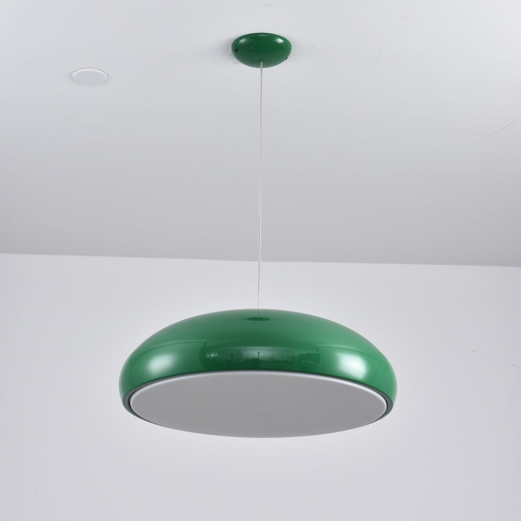 Green Clérachic dome pendant viewed from below, with an unlit grey diffuser disc inside its rim.