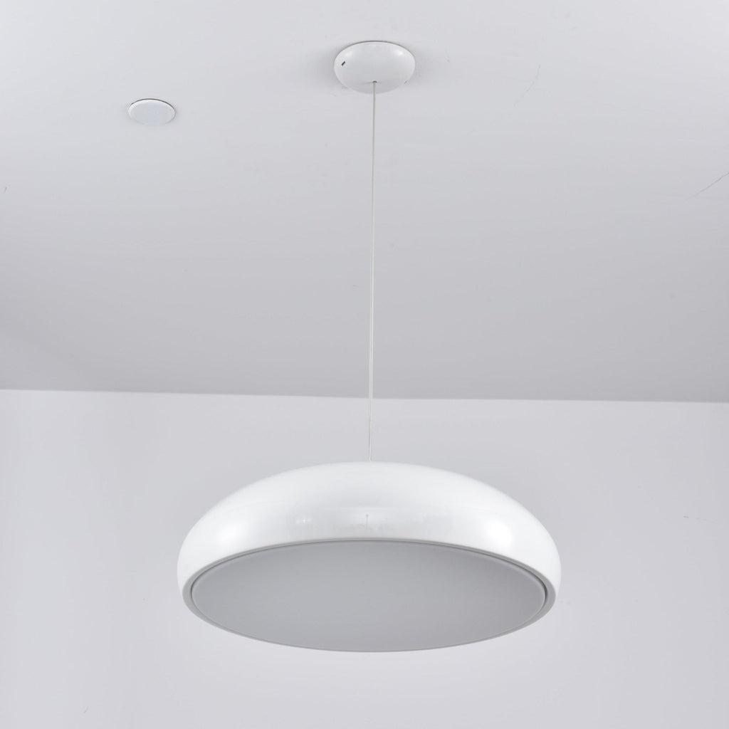 White Clérachic dome pendant viewed from beneath, its grey diffuser disc unlit inside a white rim.