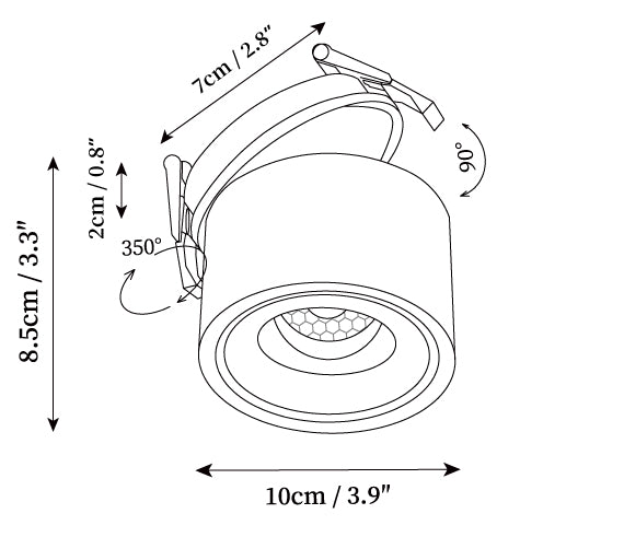 Dimension drawing of the modern ember recessed led downlight, in outline against white.