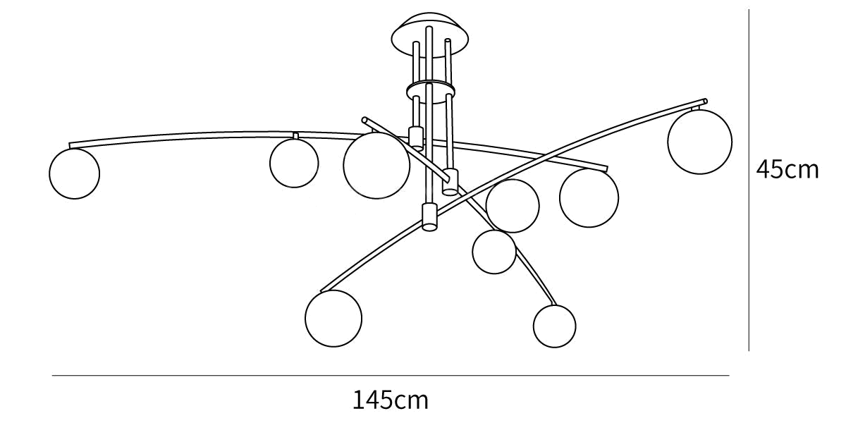 Dimension drawing of this larger Clérachic chandelier, with its height and width marked.