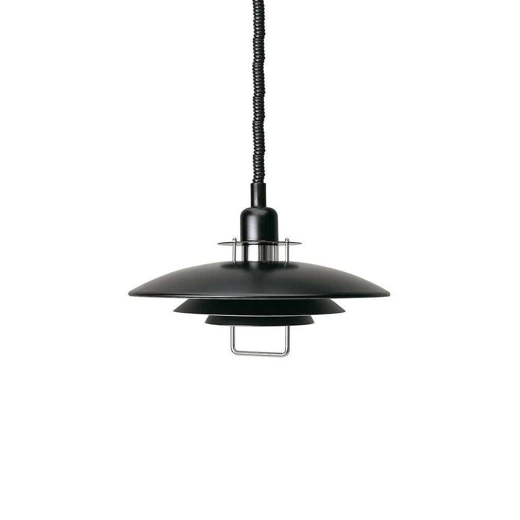 Black Clérachic pendant with a black coiled cable on a white backdrop, its chrome-finish handle under the bottom tier.