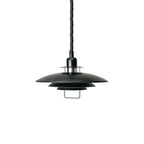 Black Clérachic pendant with a black coiled cable on a white backdrop, its chrome-finish handle under the bottom tier.