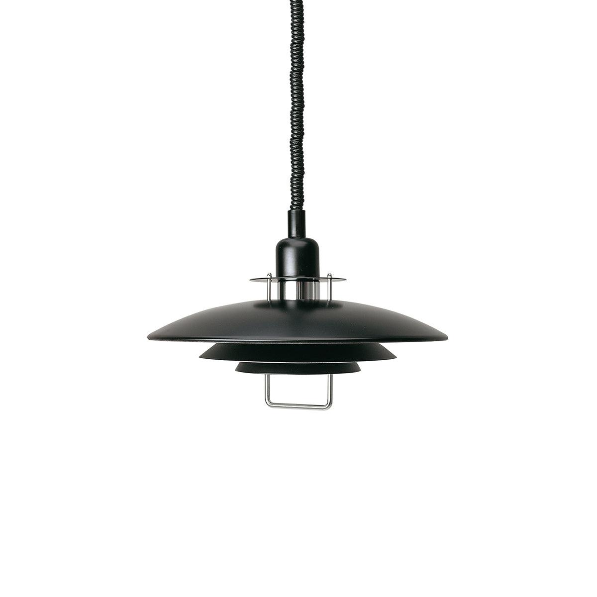 Black Clérachic pendant with a black coiled cable on a white backdrop, its chrome-finish handle under the bottom tier.