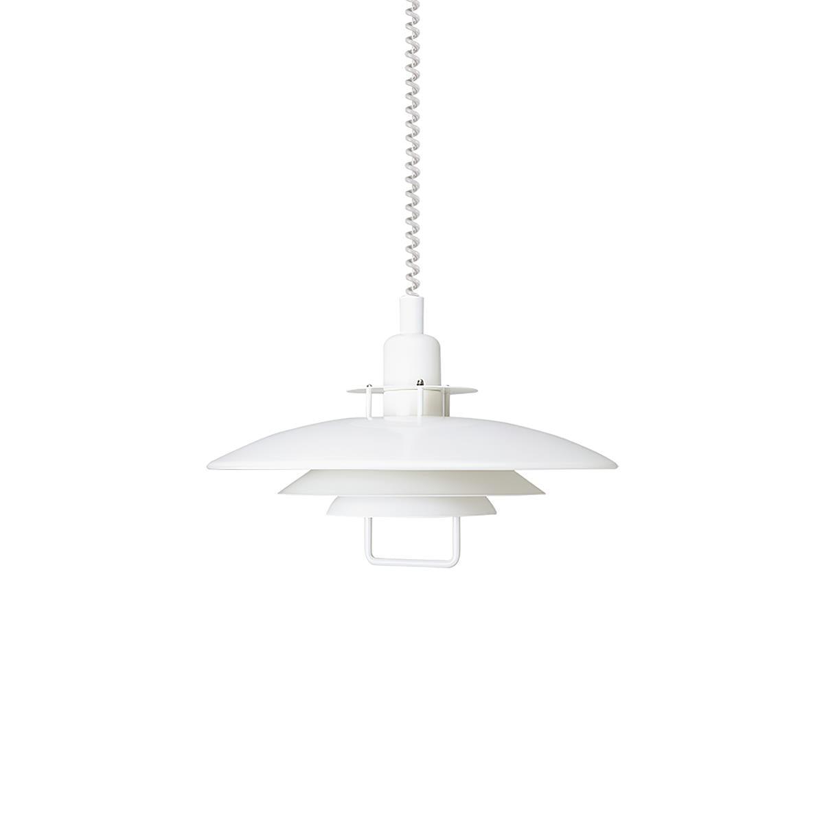 White Clérachic pendant on a white backdrop, the three tiers unlit, with a white coiled cable above.