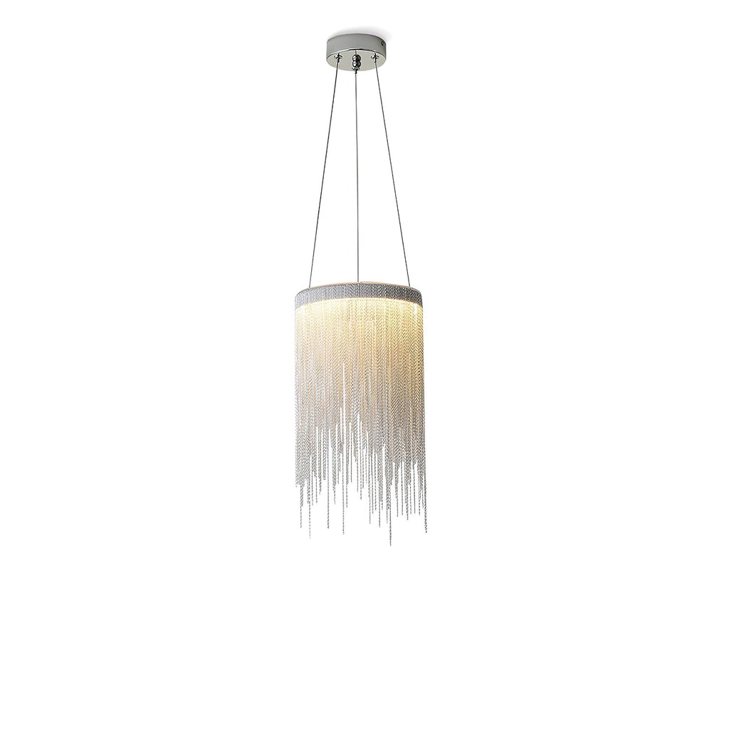 Clérachic chain-tassel pendant on a white backdrop, with a round ceiling plate and two cords above the glowing ring.