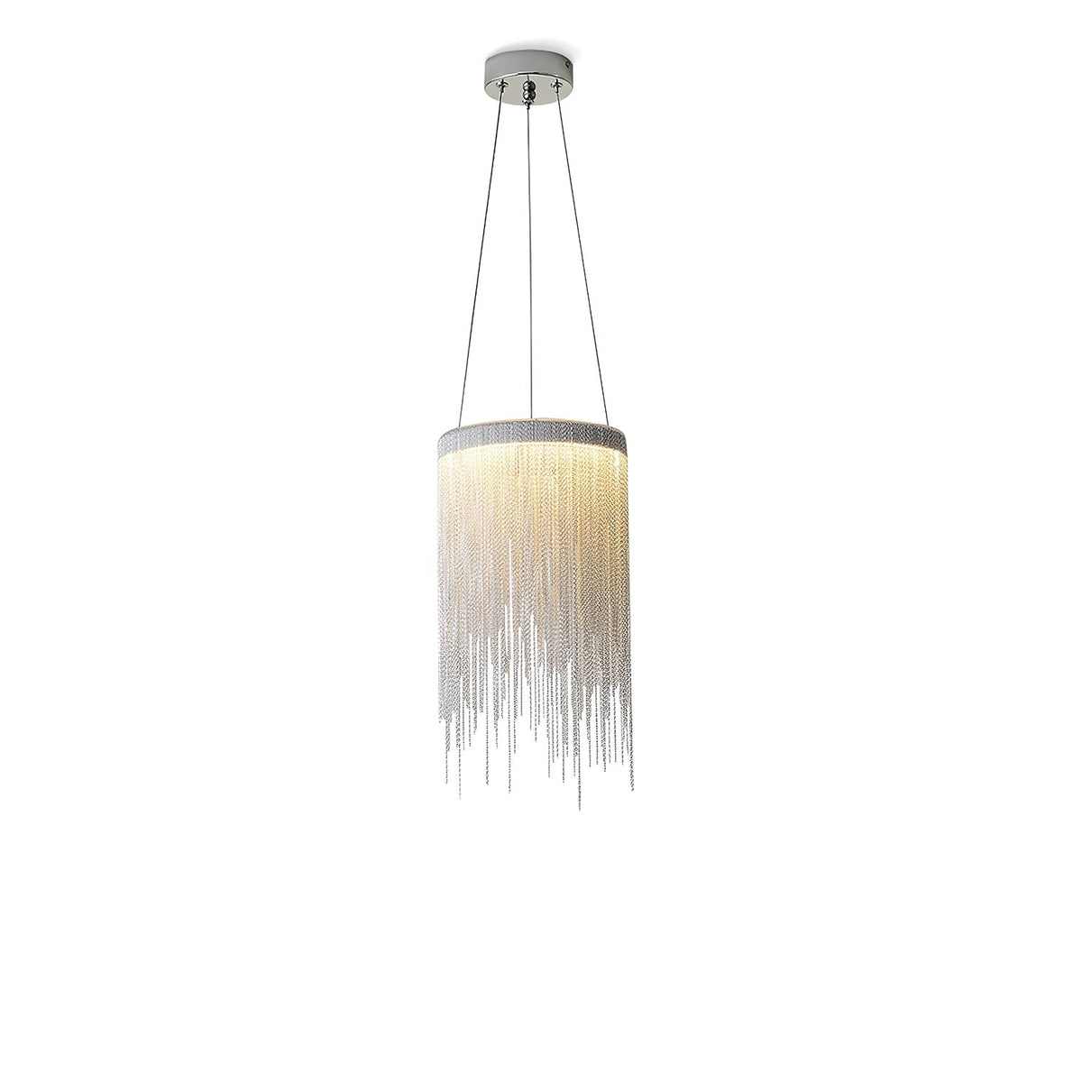Clérachic chain-tassel pendant on a white backdrop, with a round ceiling plate and two cords above the glowing ring.