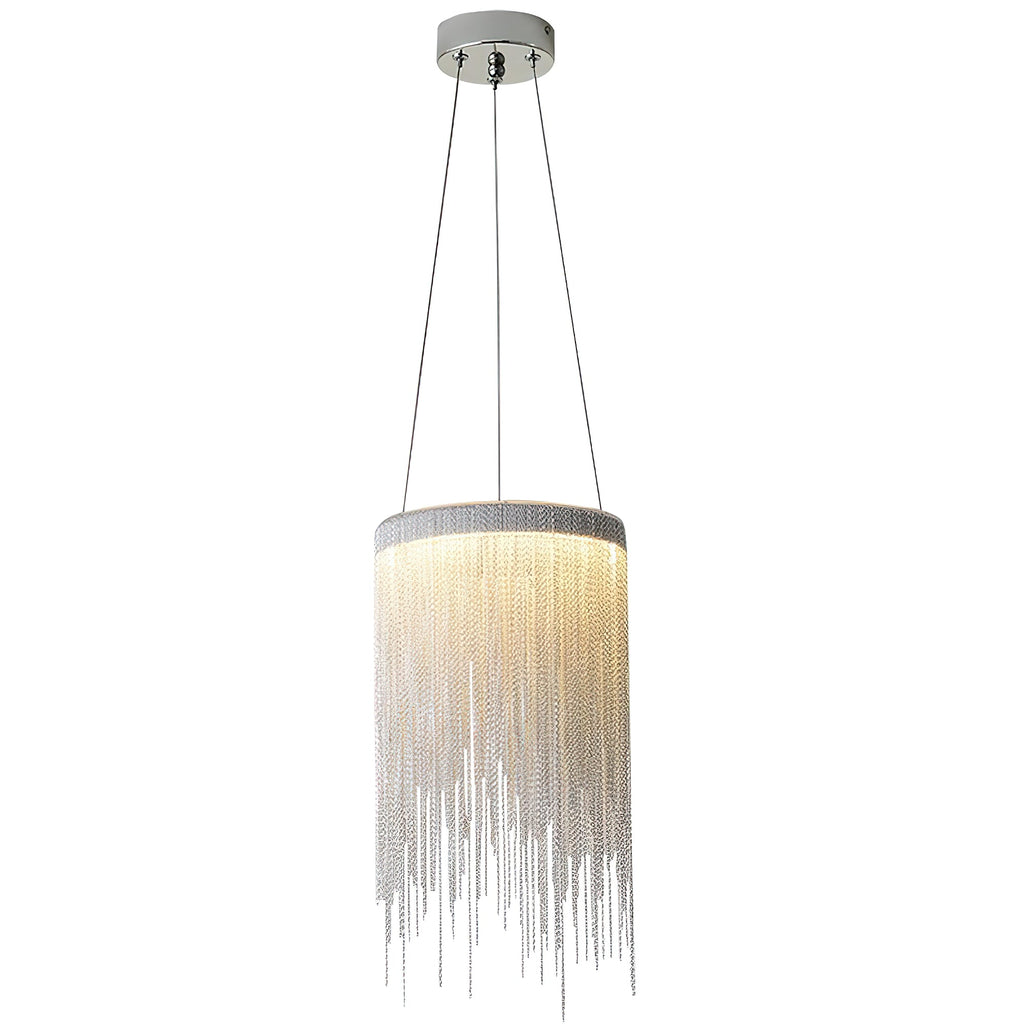 Full view of this Clérachic chain-tassel pendant, from the round ceiling plate and cords down to the long silver chain fringe.