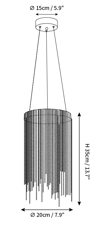 Clérachic pendant light dimension drawing, every measurement marked in centimetres and inches.
