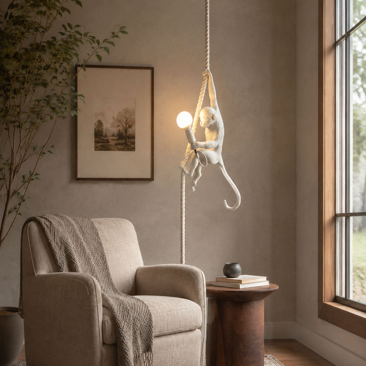This Clérachic pendant hangs beside an armchair and a tall window, the white monkey holding a lit globe bulb against a soft taupe wall.