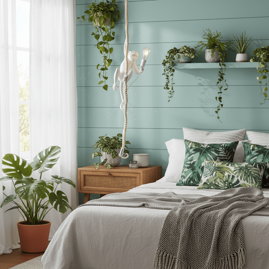 This Clérachic pendant drops beside a bed with teal panelled walls, trailing plants and tropical-print cushions, the white monkey holding a lit bulb.
