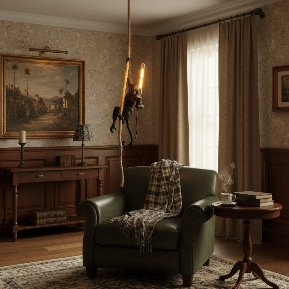 Black monkey pendant from Clérachic on a rope in a traditional sitting room, with a leather armchair, a plaid throw and a landscape painting behind.