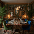A white Clérachic monkey pendant hangs above a set dining table with green and blue chairs, in a room with rich patterned walls.