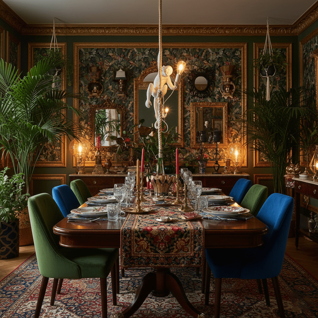 A white Clérachic monkey pendant hangs above a set dining table with green and blue chairs, in a room with rich patterned walls.