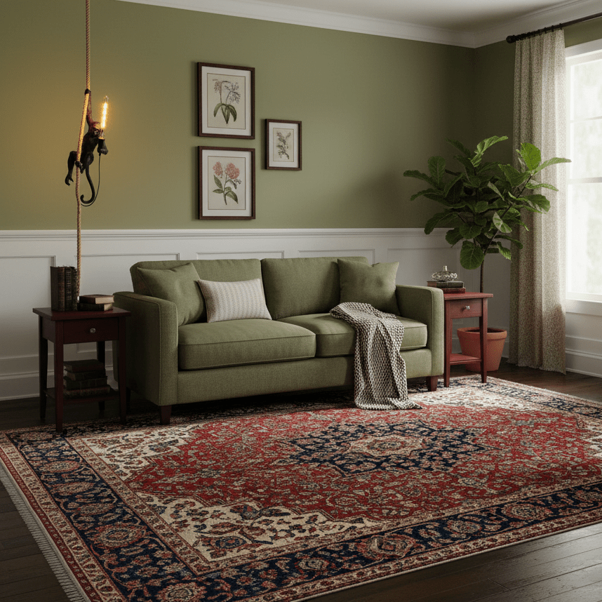 Slim black monkey pendant on its rope in a sage-green living room, over a green sofa and a patterned red rug, from Clérachic.