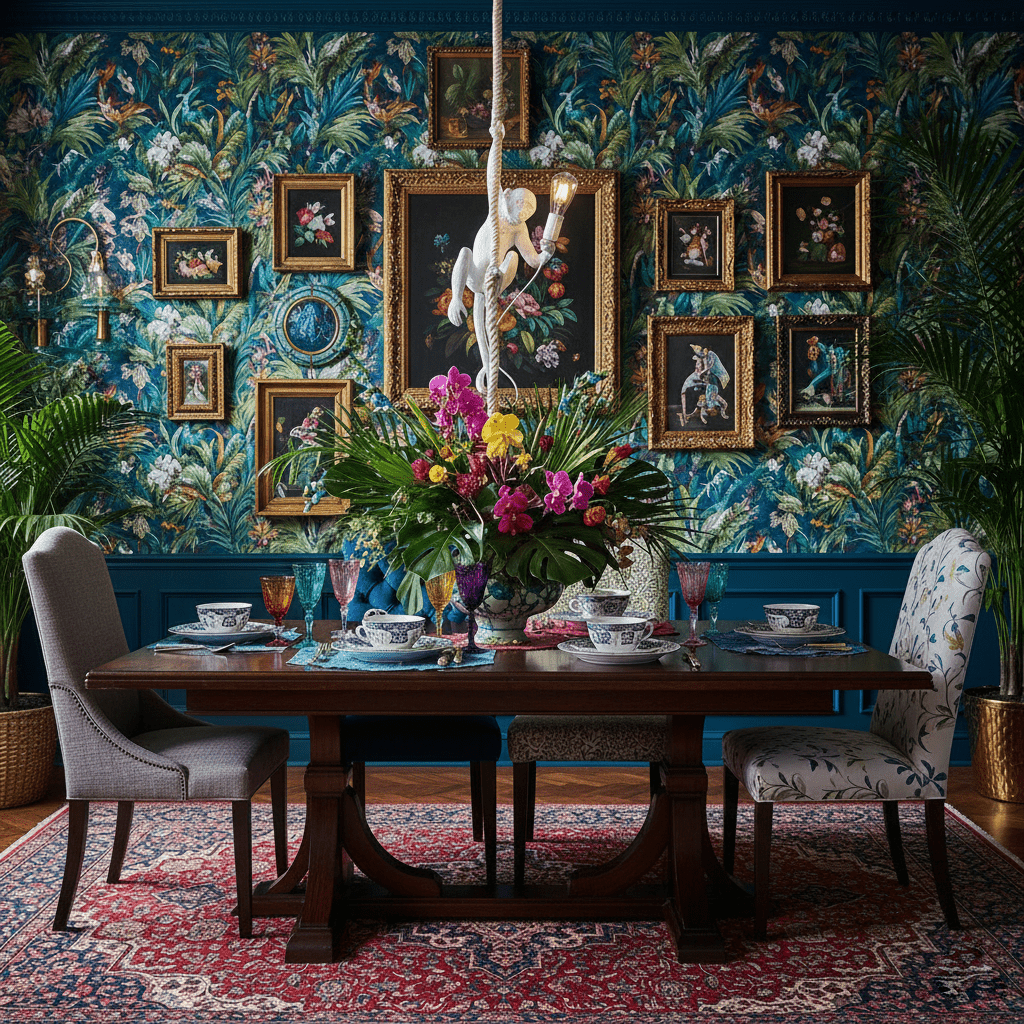 White monkey pendant seen high above a dark dining table, against a deep blue wall of tropical wallpaper and gilt-framed pictures; a Clérachic piece.