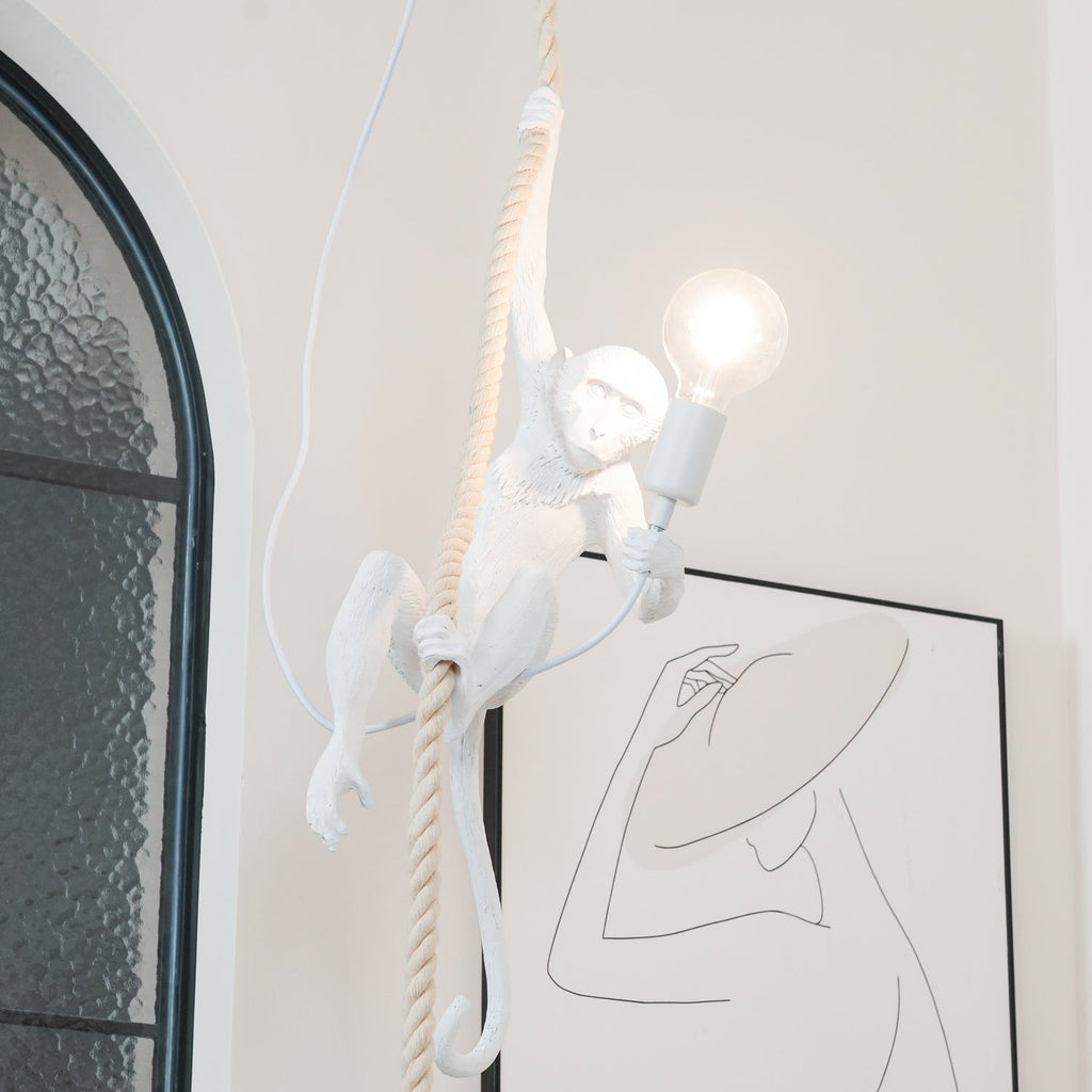 Close three-quarter view of the white monkey on a thick twisted rope, one hand on the bulb holder, beside an arched window; from Clérachic.