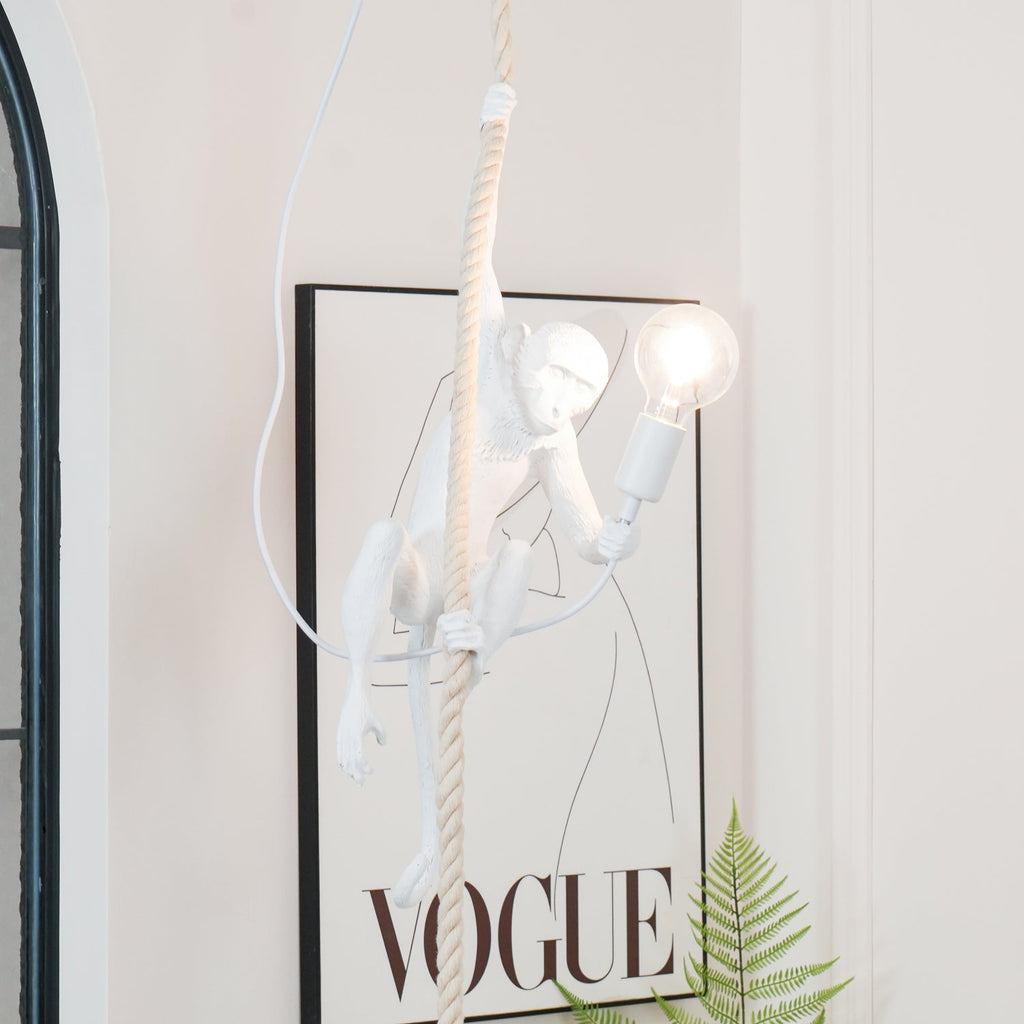 White resin monkey from Clérachic wrapped around a thick rope, its lit bulb glowing, with a framed print and a fern at the bottom of the frame.