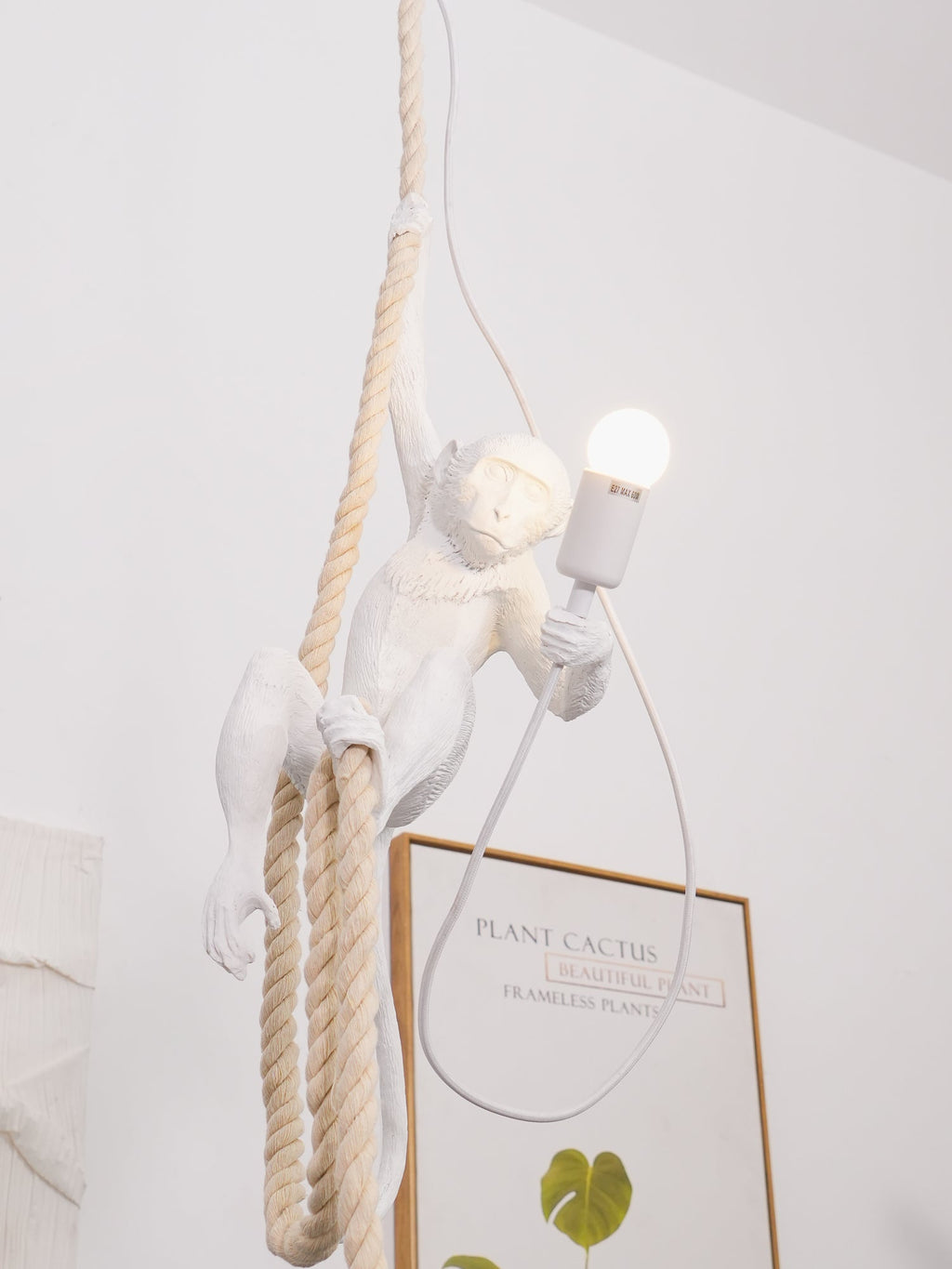 This Clérachic pendant frame shows the white monkey hugging its rope, a round bulb lit, with its cord looped below and a framed print beside.