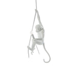 Slim white monkey on a thin rope, one arm up and a bulb holder in hand, floating on a plain white backdrop; this Clérachic pendant.